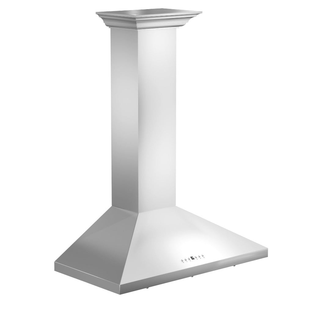 ZLINE Convertible Vent Wall Mount Range Hood in Stainless Steel with Crown Molding (KL2CRN) side, above.