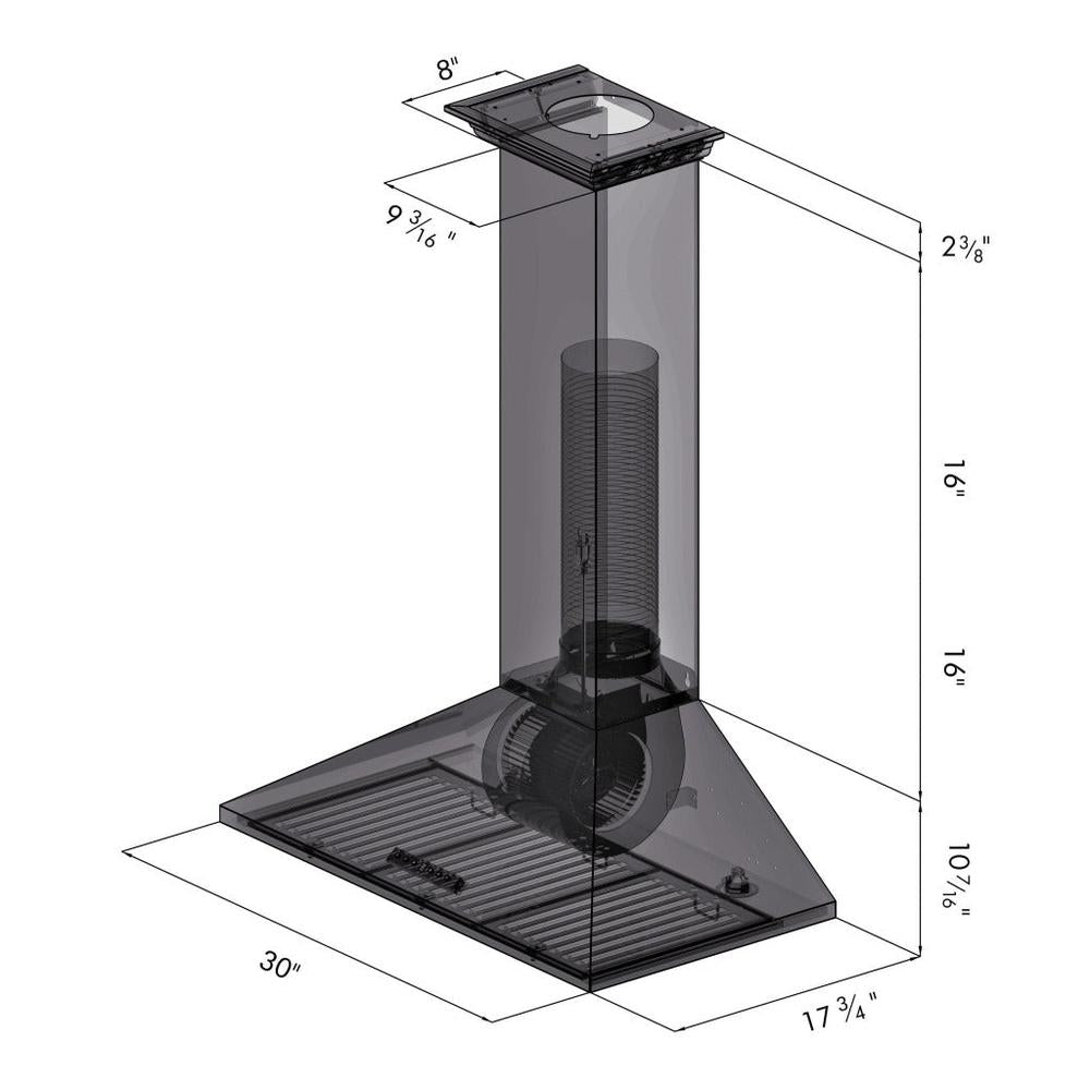 ZLINE Convertible Vent Wall Mount Range Hood in Stainless Steel with Crown Molding (KL2CRN) 30-inch dimensional diagram.