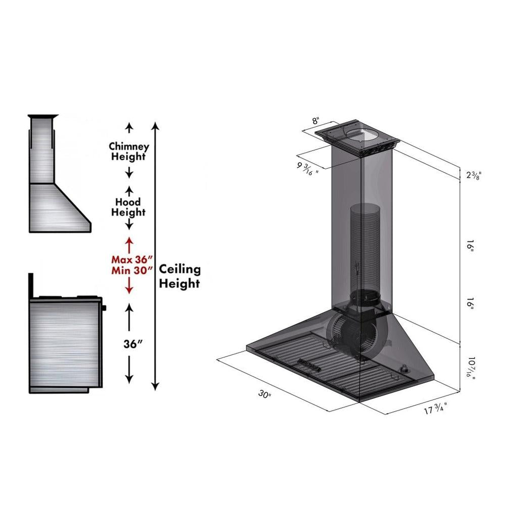 ZLINE Convertible Vent Wall Mount Range Hood in Stainless Steel with Crown Molding (KL2CRN) 30-inch dimensional diagram and chimney height guide.