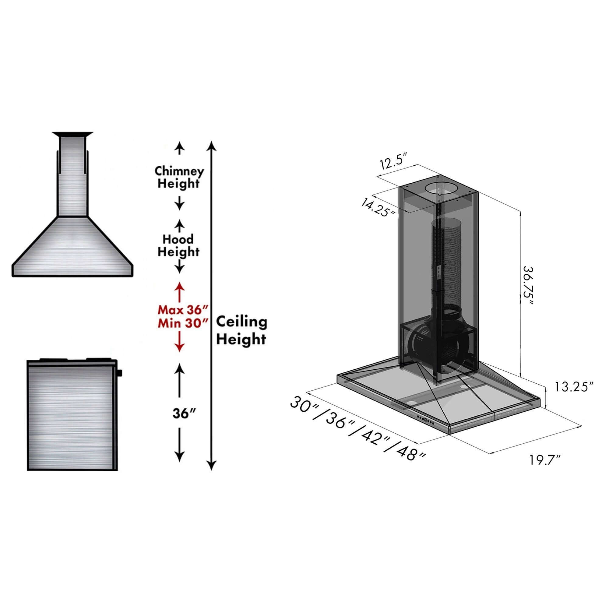 ZLINE Convertible Vent Wooden Island Mount Range Hood in Walnut (KBiRR) chimney height guide and dimensional measurements.