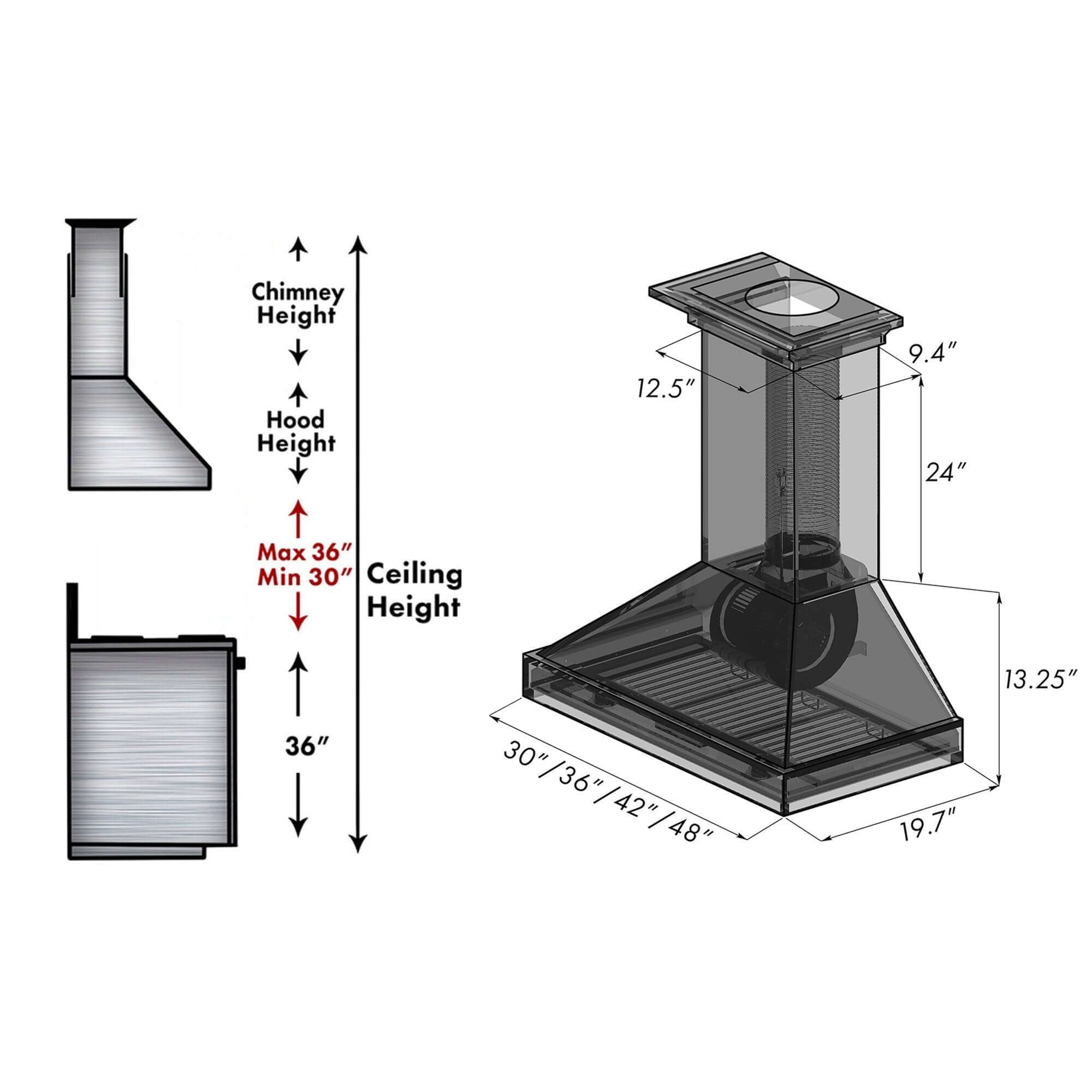 ZLINE 30 in. Convertible Vent Wooden Wall Mount Range Hood in Antigua and Walnut (KBAR-30) dimensional diagram with measurements.