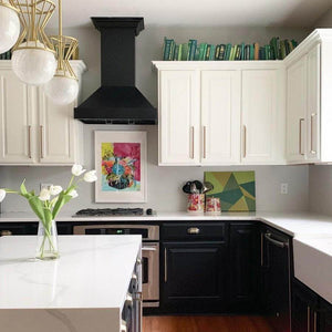 ZLINE Convertible Vent Wooden Wall Mount Range Hood in Black (KBCC) in a compact farmhouse-style kitchen.