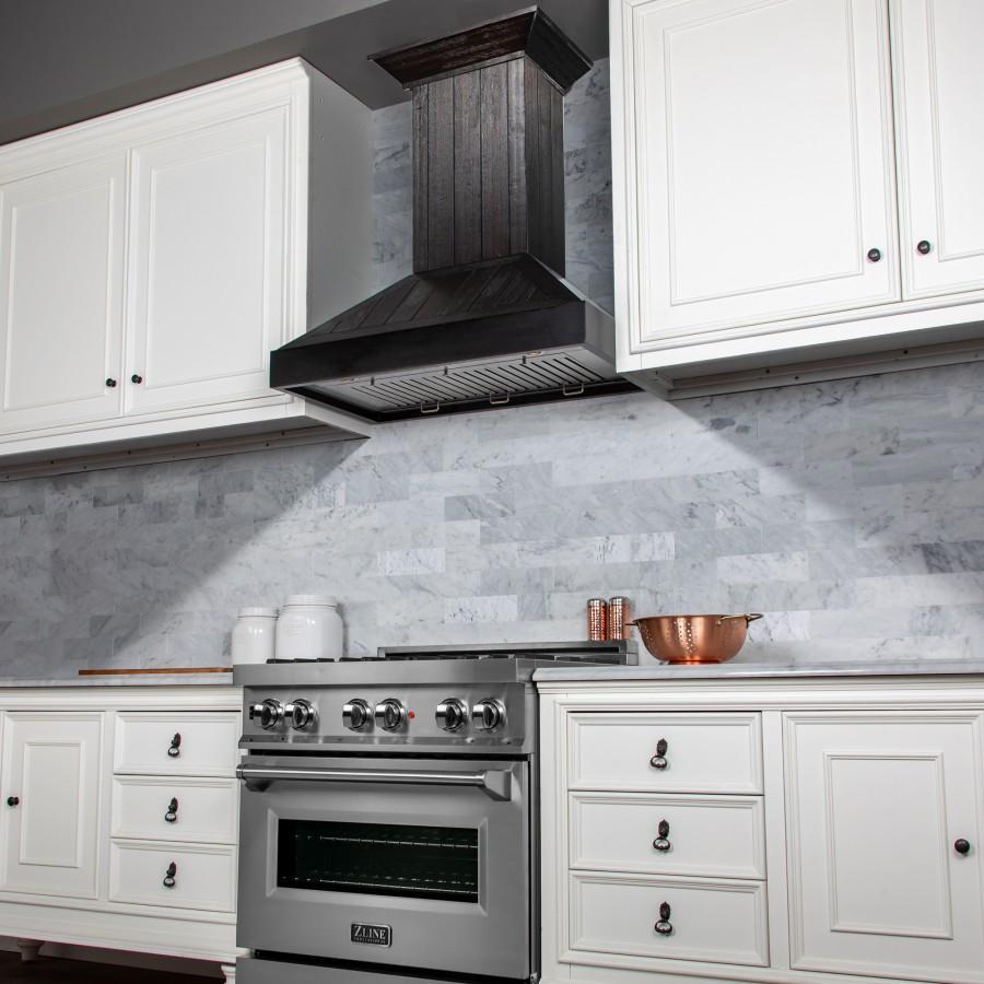 ZLINE Wooden Wall Mount Range Hood In Rustic Dark Finish - Includes Motor (KPDD) in a cottage-style kitchen with white cabinets from side.