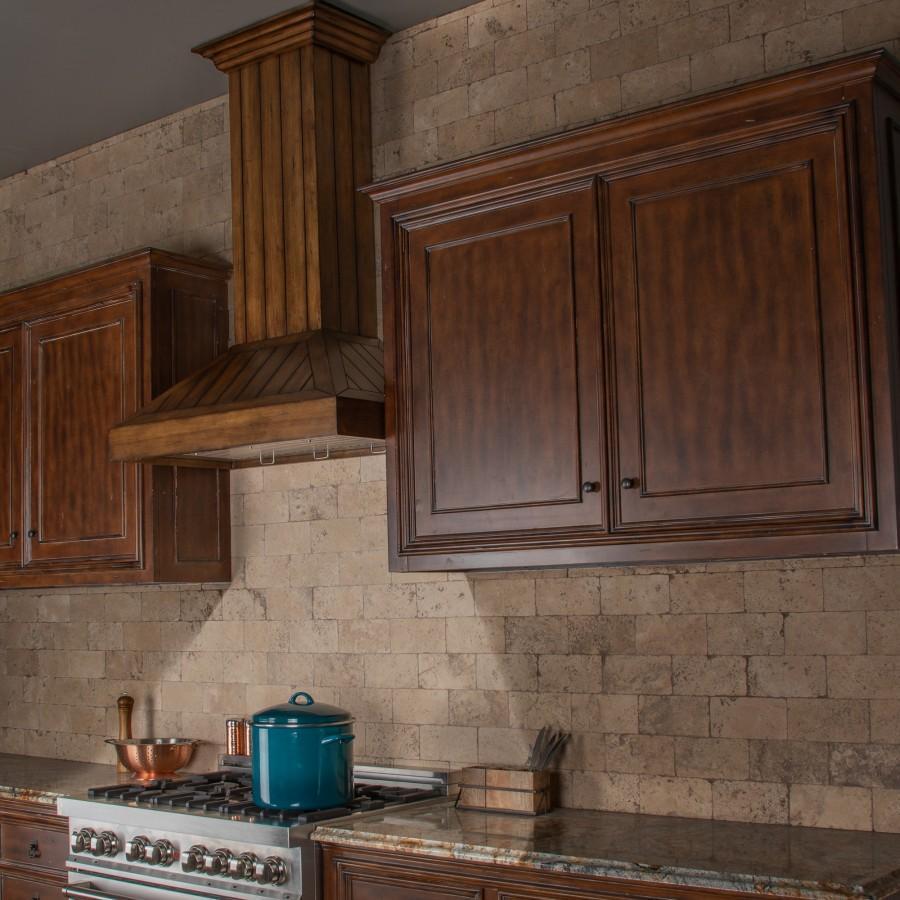 ZLINE Wooden Wall Mount Range Hood In Rustic Light Finish - Includes Motor (KPLL) in Farmhouse Kitchen with brown cabinetry