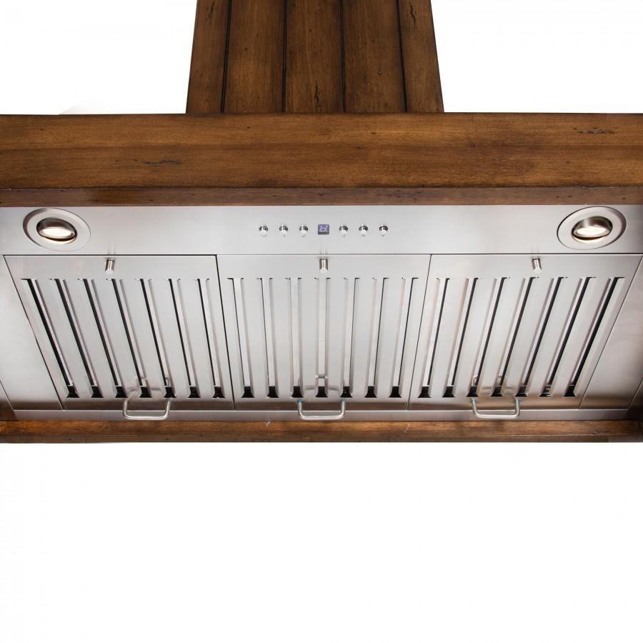 ZLINE Wooden Wall Mount Range Hood In Rustic Light Finish - Includes Motor (KPLL) Under View Close Up Dishwasher Safe Stainless Steel Baffle Filters