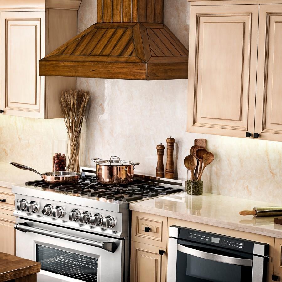 ZLINE Wood Panel Wall Mount Range Hood with Rustic Light Finish (KPLL)