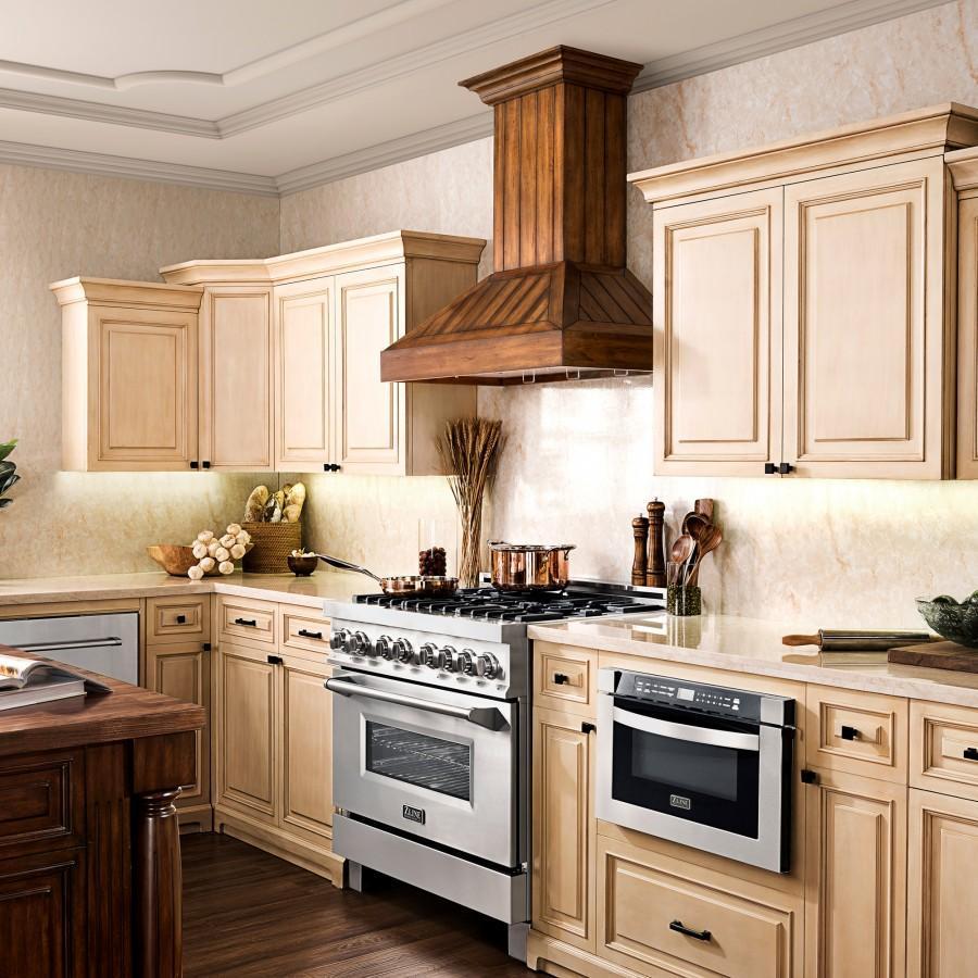 ZLINE Wooden Wall Mount Range Hood In Rustic Light Finish - Includes Motor (KPLL) In Rustic Kitchen with wood cabinetry