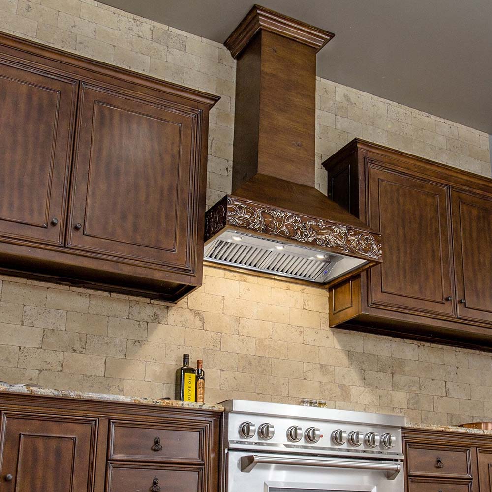 ZLINE 373RR Range Hood in Walnut installed in kitchen with wooden cabinets