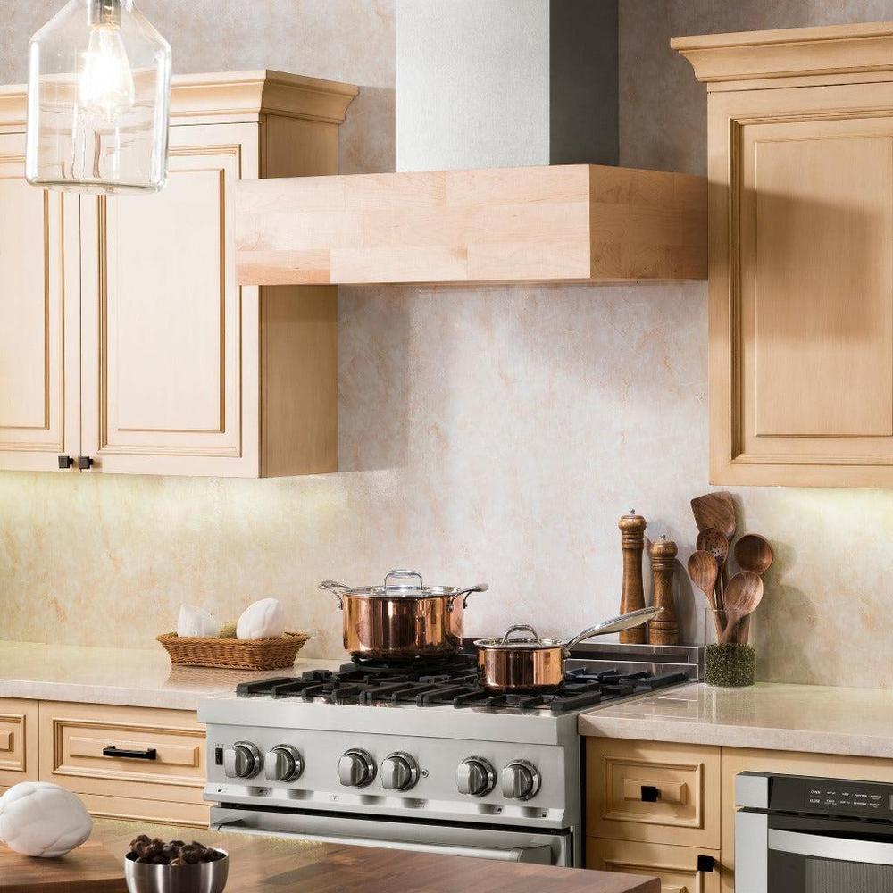 ZLINE Dual Remote Blower Designer Series Wooden Wall Mount Range Hood in Maple Butcher Block (681M-RD) 36 Inch